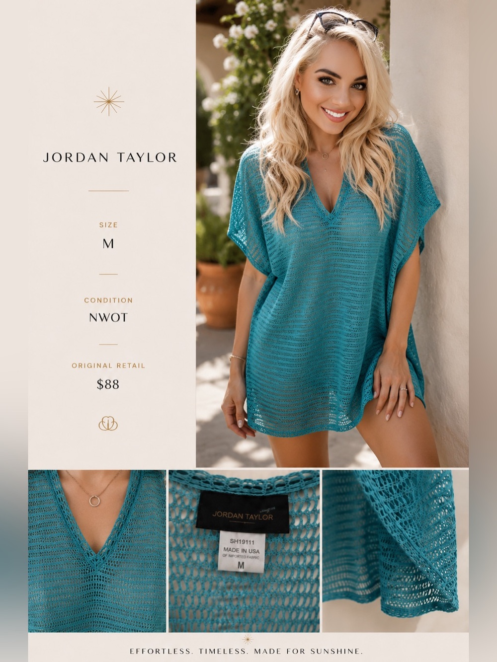 Jordan Taylor Teal Open-Knit V-Neck Swim Coverup